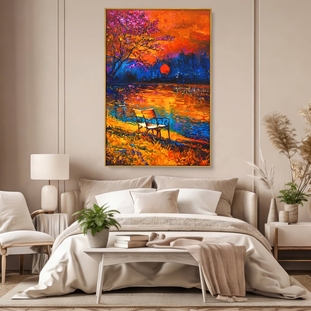 Tablou canvas cu tablou canvas cu banca pe malul lacului la apus, in rama de aluminiu auriu, pe perete intr-un dormitor